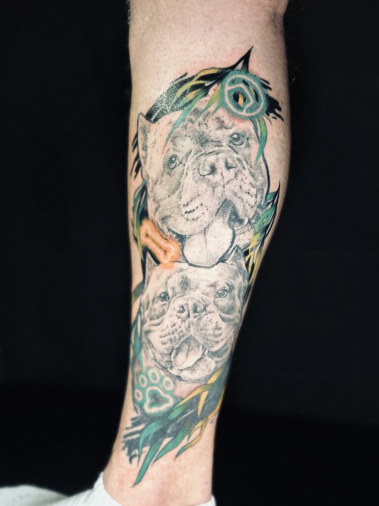 American Bullies realism, animal tattoo on shin