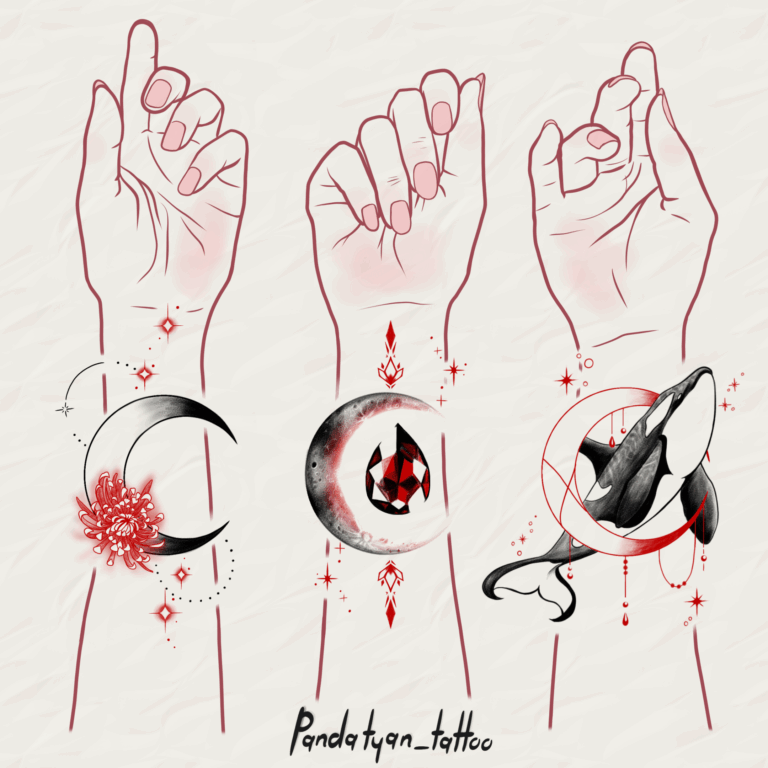 "Moon and Chrysanthemum Moon and Crystal Space Killer Whale minimalist, sketch style, fine art, fine line, animal tattoo on wrist