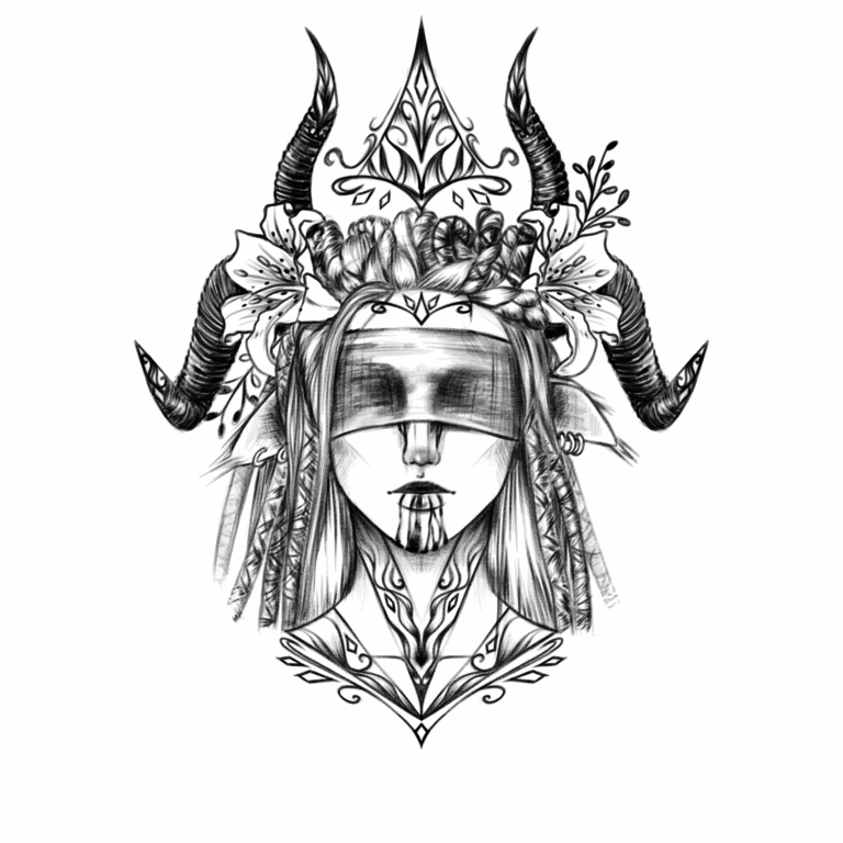 A dark priestess with horns black and grey, portrait, sketch style tattoo on forearm