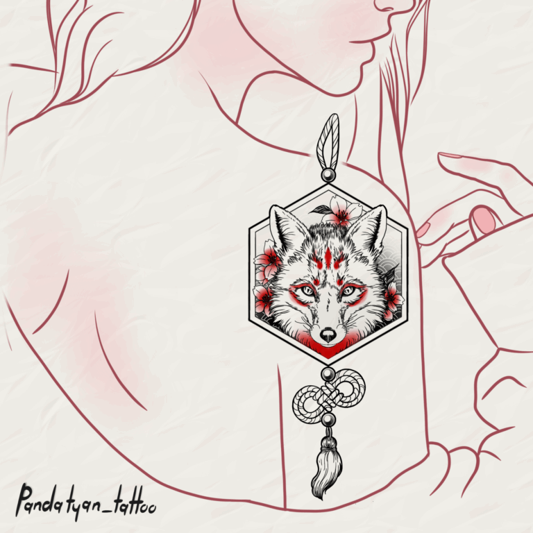 Fox talisman fine line, fine art, sketch style, animal tattoo on upper arm