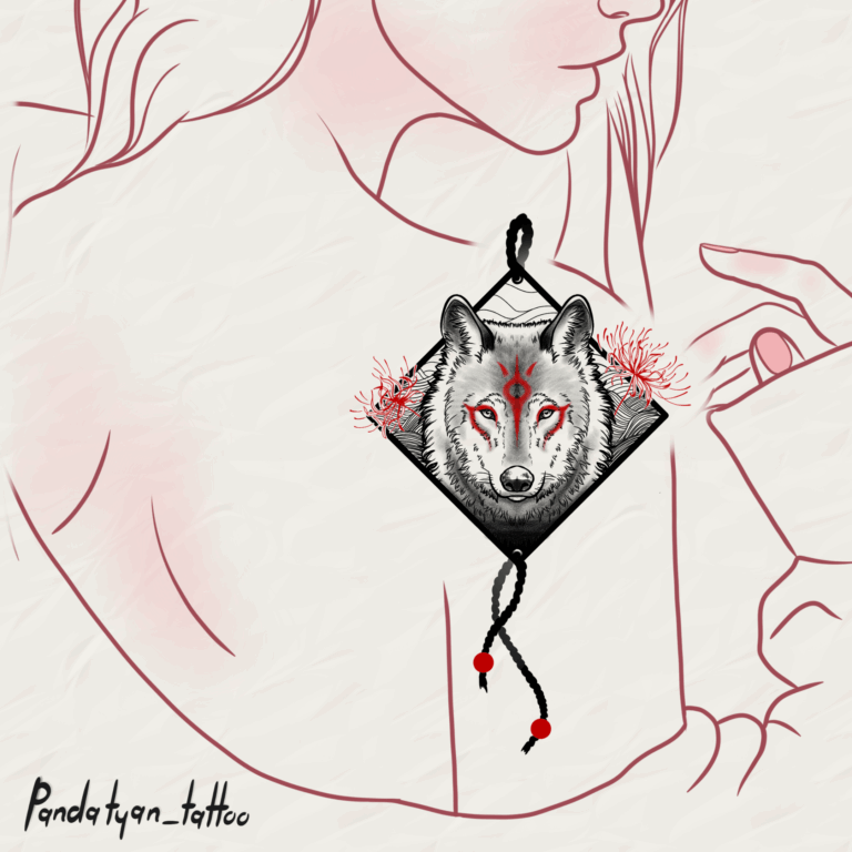 Wolf Amulet fine line, fine art, sketch style, animal tattoo on upper arm