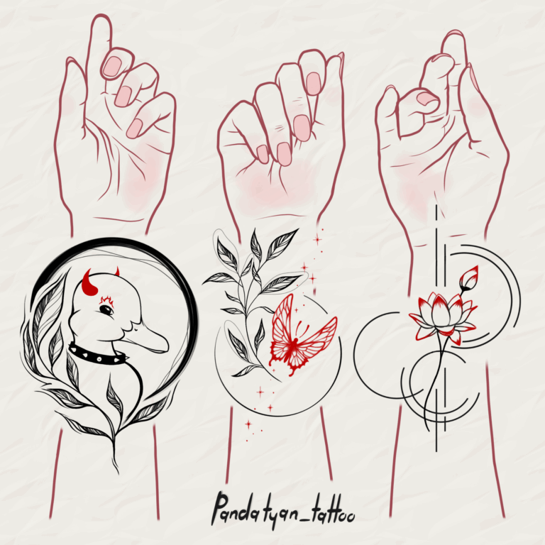 Demon Duck Moon Butterfly Lotus in Lines minimalist, sketch style, fine art, fine line, geometric tattoo on wrist