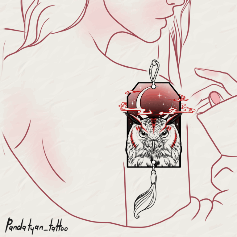 Owl Moon Amulet fine line, fine art, sketch style, animal tattoo on upper arm