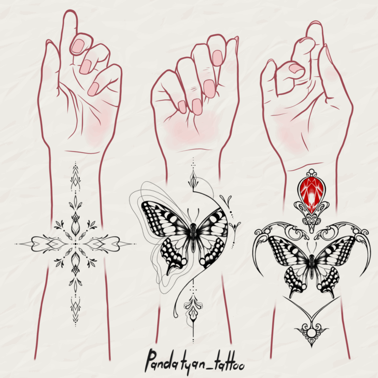 Ornamental Cross Dancing Butterfly Butterfly with Ruby minimalist, sketch style, fine art, fine line, geometric tattoo on wrist