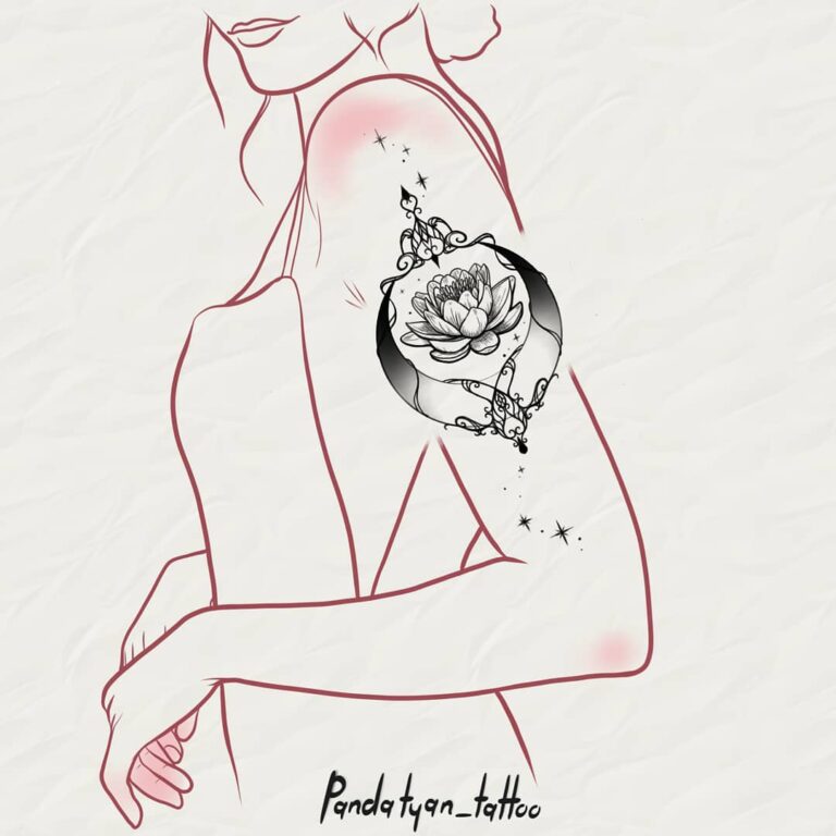 Lotus in ornament black and grey, fine line, fine art, sketch style tattoo on upper arm