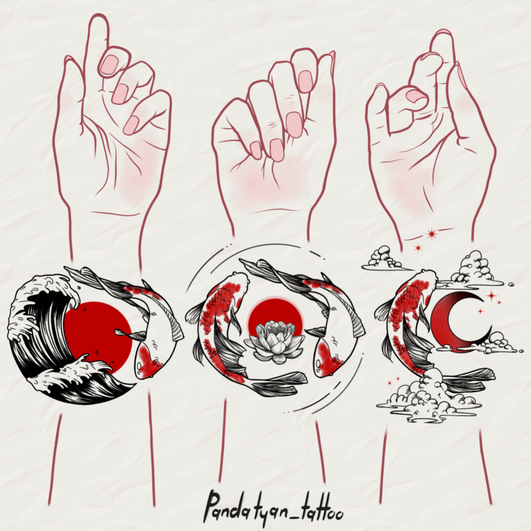 Carp and the Wave Carp and the Lotus Carp and the Moon minimalist, sketch style, fine art, fine line, geometric tattoo on wrist