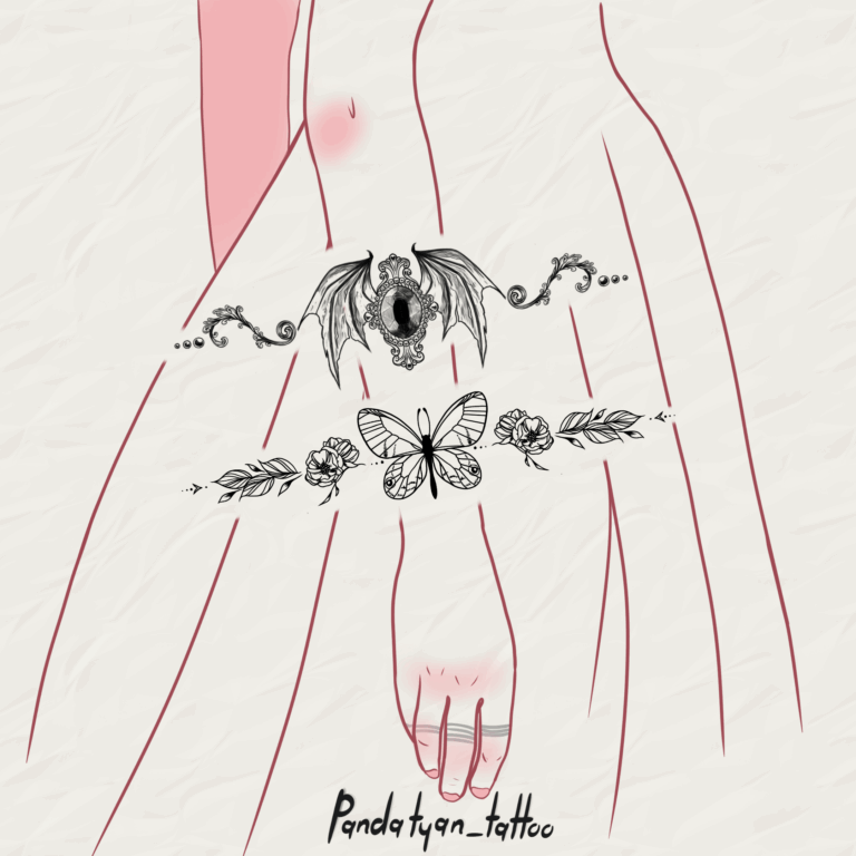 Dragon Stone, Butterfly and Roses minimalist, sketch style, fine art, fine line, geometric tattoo on wrist