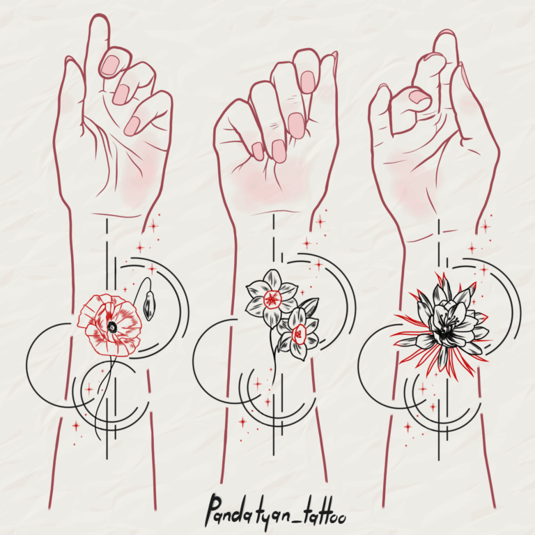 Poppy, Narcissus and Lotus in lines minimalist, sketch style, fine art, fine line, geometric tattoo on wrist