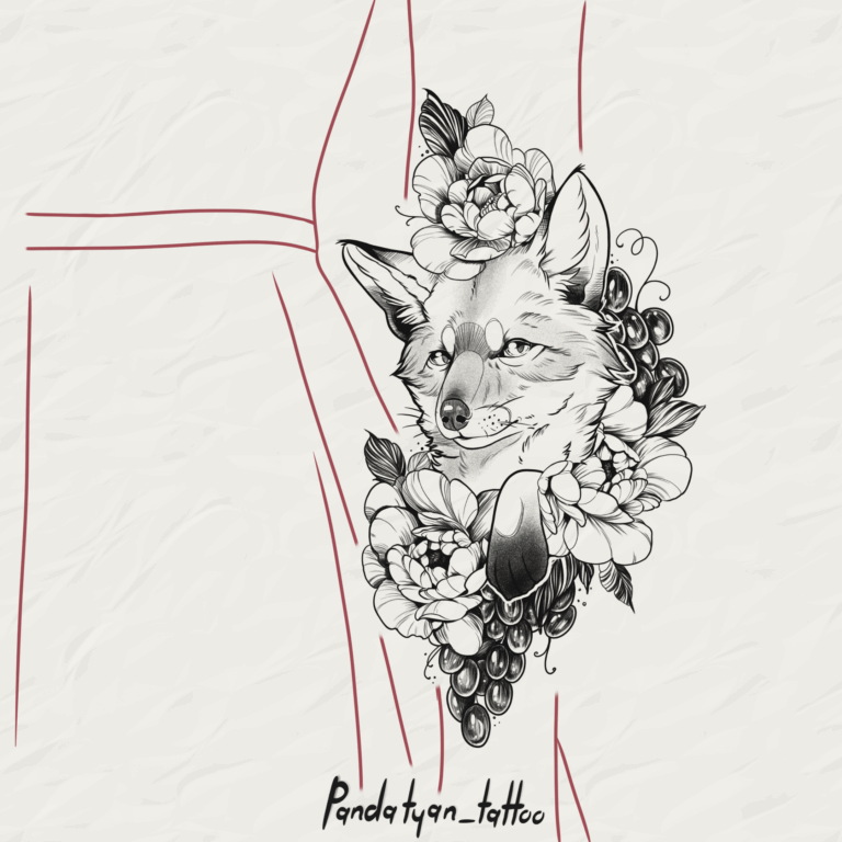 Flower Fox black and grey, fine line, fine art, animal tattoo on forearm