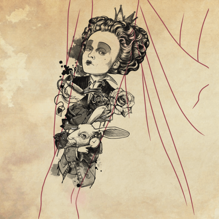 Alice: The Queen and the Rabbit fine line, fine art, sketch style, animal, portrait tattoo on forearm