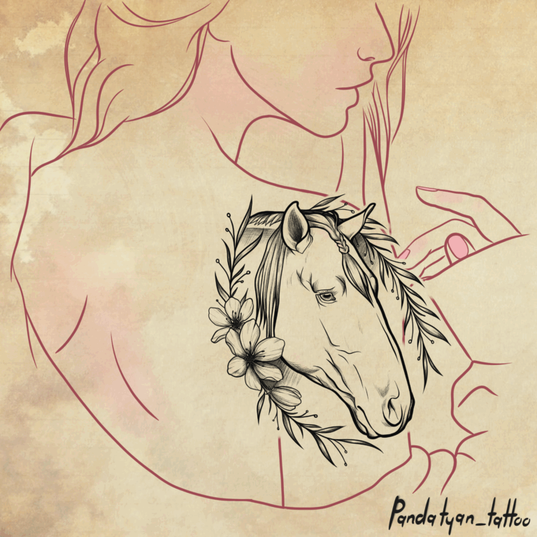 Horse and flowers fine line, fine art, sketch style, animal tattoo on upper arm