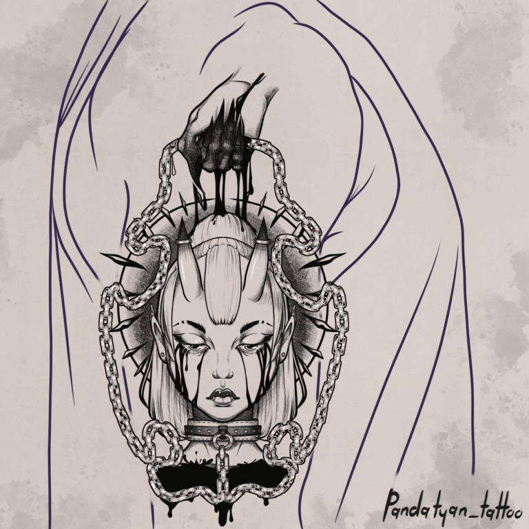 Demon's Shackles sketch style, portrait, anime tattoo on forearm