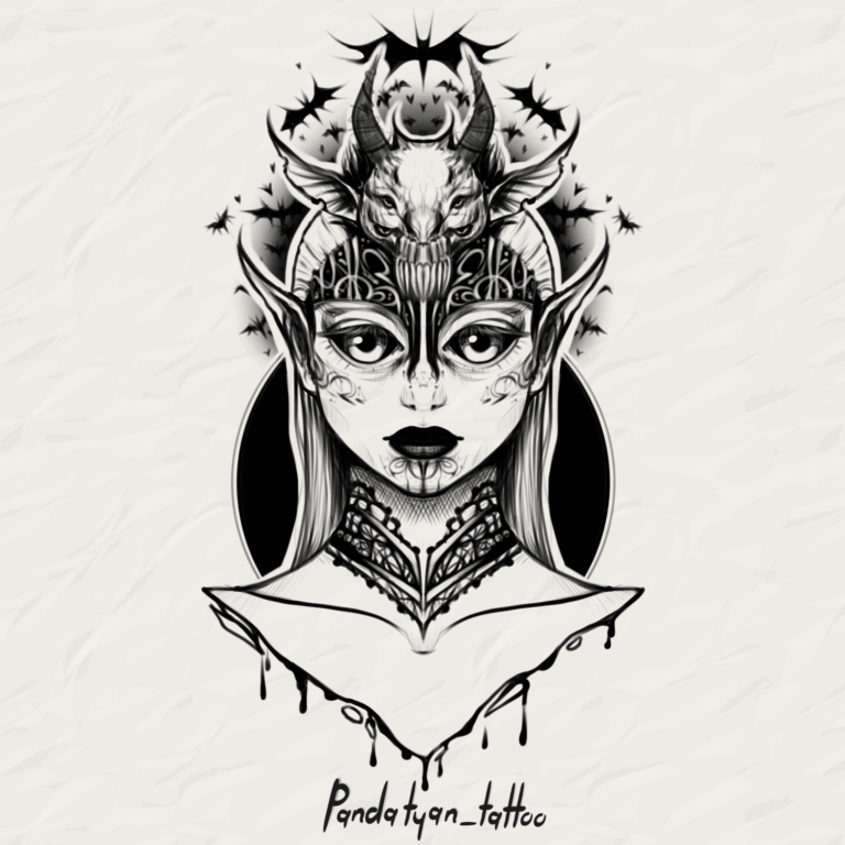 Demon priestess sketch style, portrait, anime, black and grey tattoo on forearm