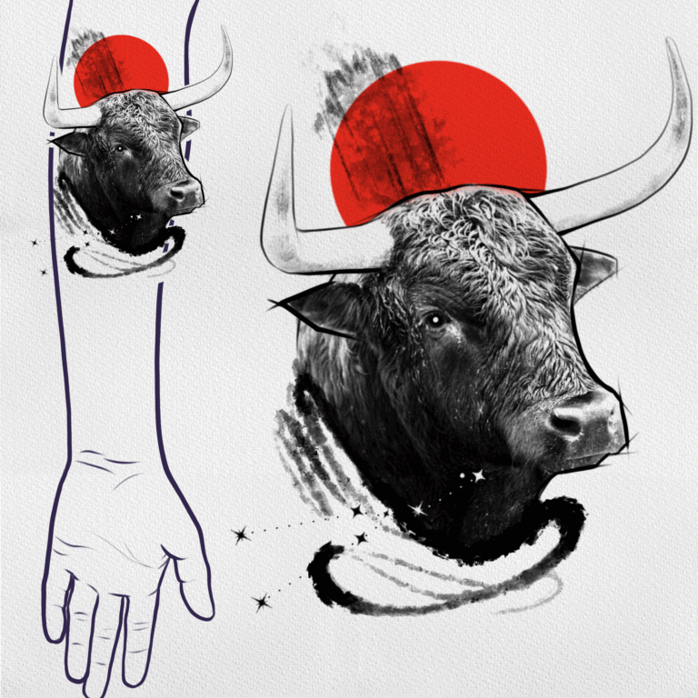 The Bull and the Red Sun realism, animal tattoo on forearm