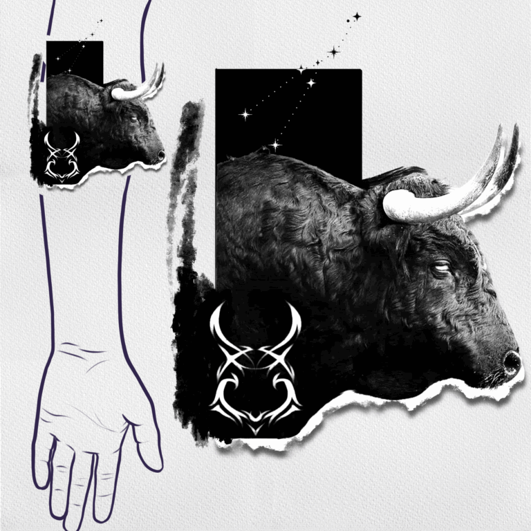 Constellation Bull black and grey, realism tattoo on forearm