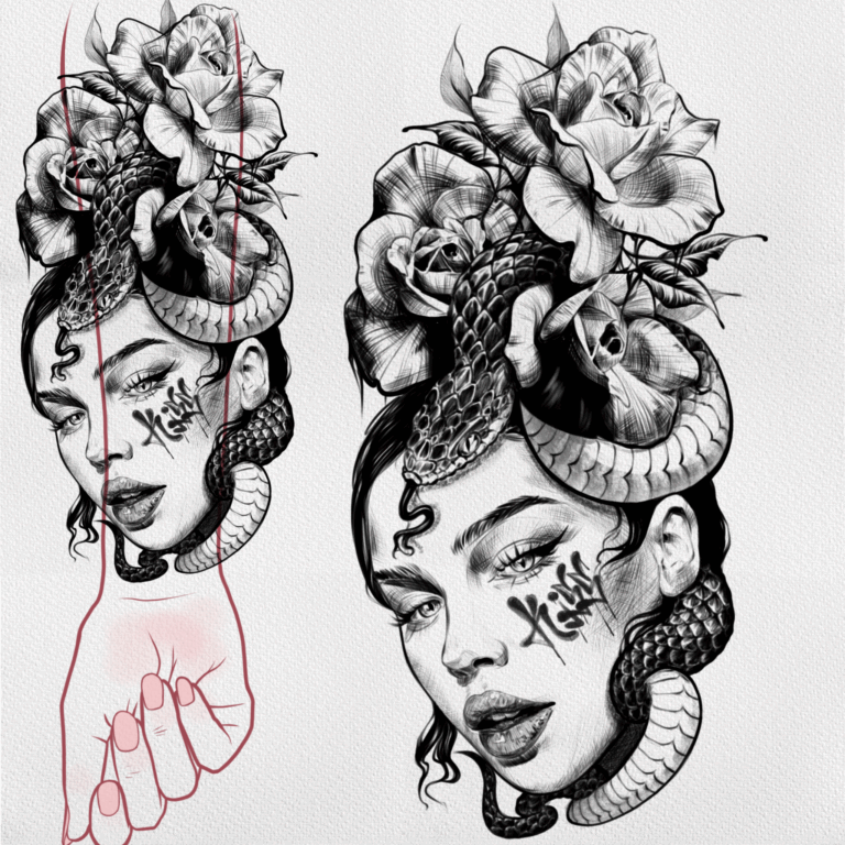 Roses and a snake fine line, fine art, sketch style, animal, portrait tattoo on forearm