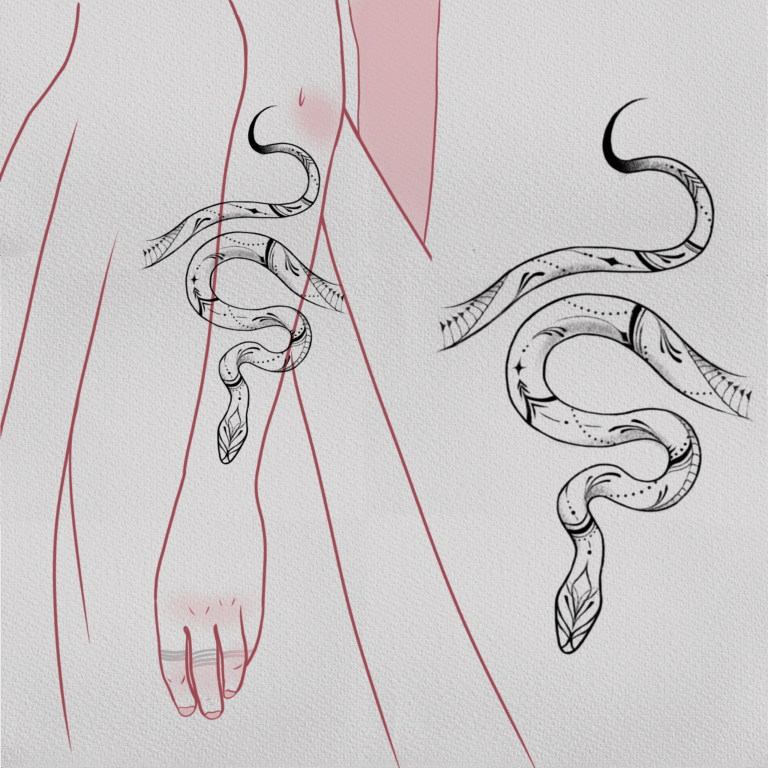 Moon Snake black and grey, sketch style, fine line, fine art, animal tattoo on forearm