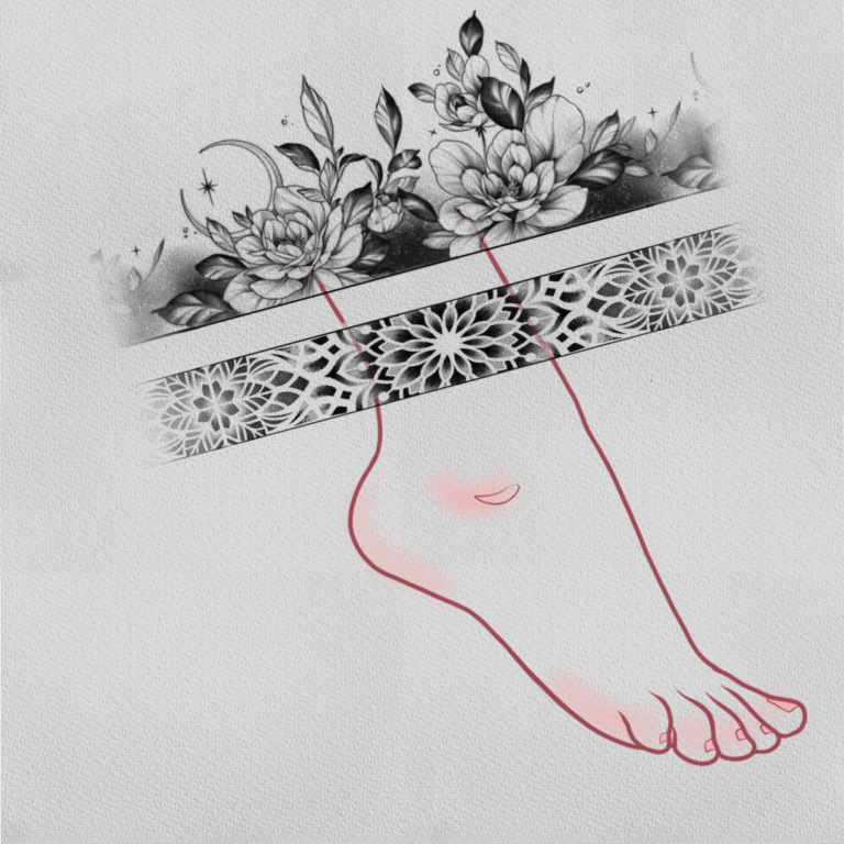 Flower bracelet black and grey, sketch style, fine line, fine art, mandala, negative space tattoo on ankle