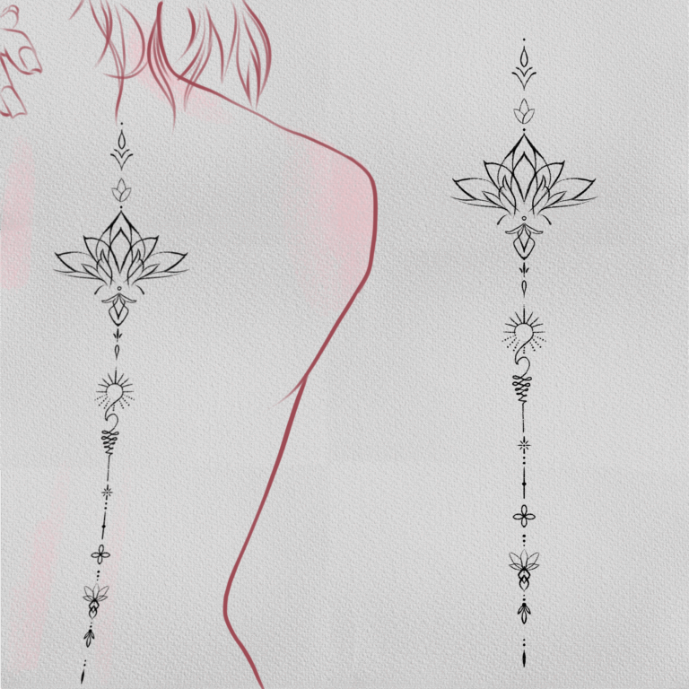 Lotus Stream black and grey, geometric, minimalist, sketch style, fine line, fine art tattoo on back