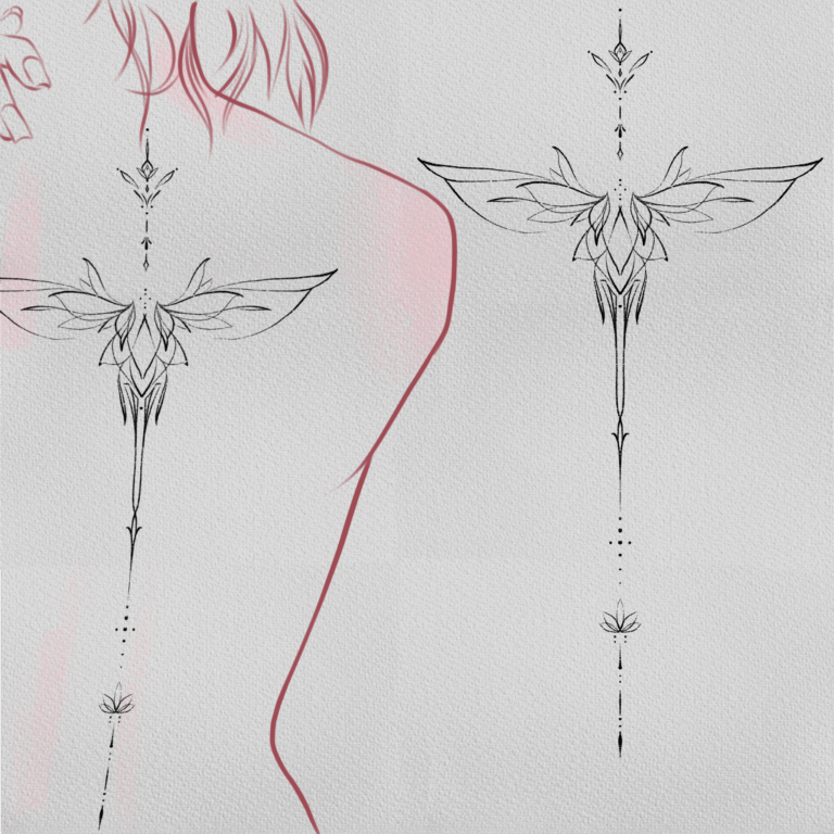 Winged lotus black and grey, geometric, minimalist, sketch style, fine line, fine art tattoo on back