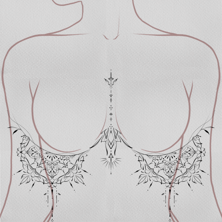 Petal mandala black and grey, geometric, sketch style, fine line, fine art, mandala tattoo on chest