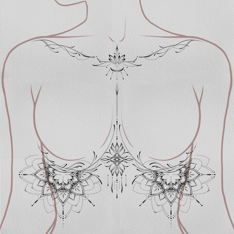 Floral corset black and grey, geometric, sketch style, fine line, fine art, mandala tattoo on chest