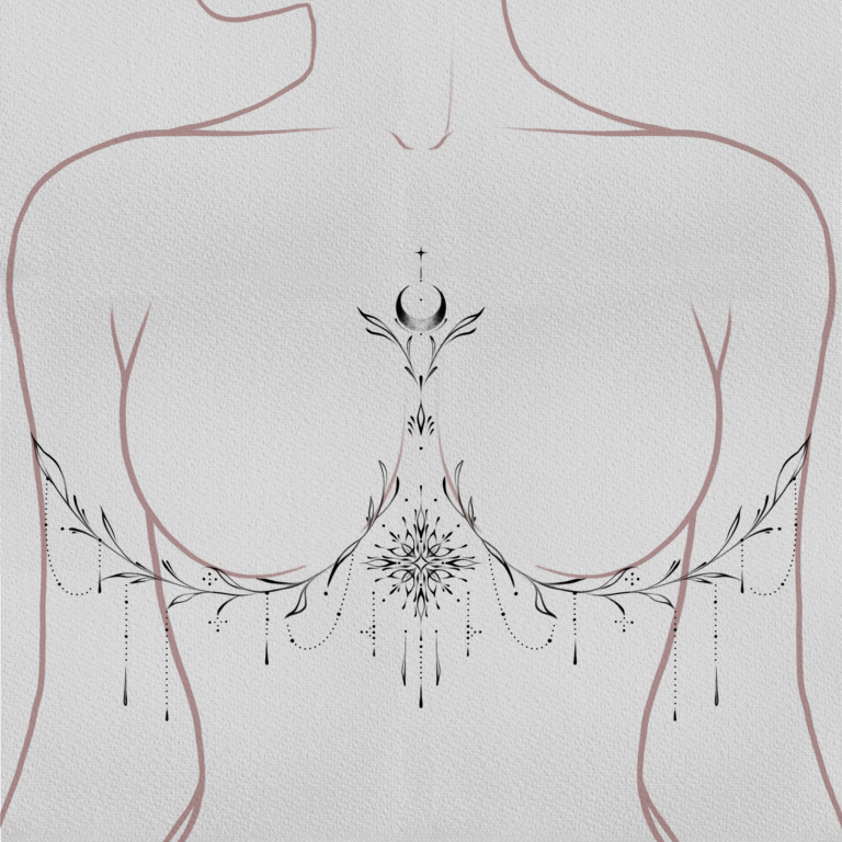 Lunar Crown black and grey, geometric, sketch style, fine line, fine art, mandala tattoo on chest